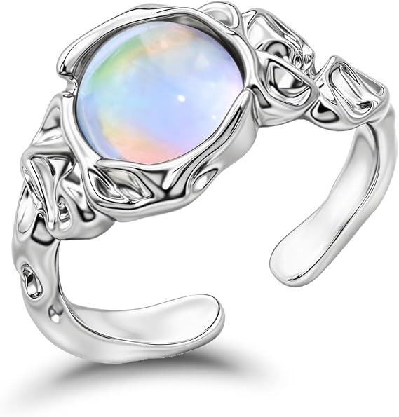 Adjustable Moonstone Opal Ring for Women - Hypoallergenic Silver Open Mood Ring, Elegant Anxiety Relief Fidget Jewellery Gift
