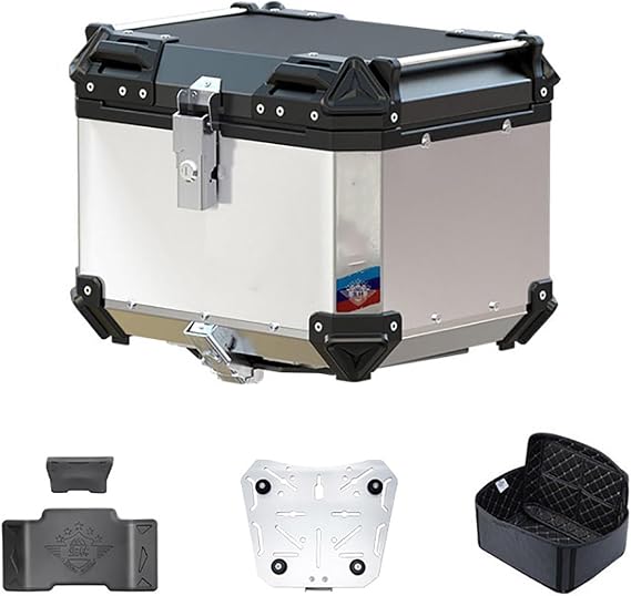 65L aluminum motorcycle top box, waterproof universal motorcycle trunk, heavy duty motorcycle helmet luggage storage trunk travel trunk with safety lock and trunk backrest ( Color : Silver , Size : 50