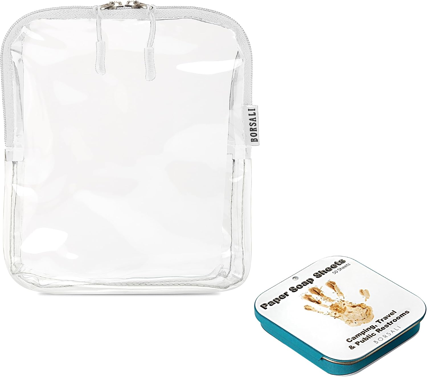 BORSALI White TSA Approved Clear Toiletry Bag Quart Size for 3-1-1 Liquids & Other Items  Paper Soap Sheets for Travel  in 1 Case with 50 Sheets