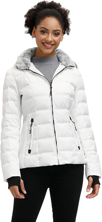 SLOW DOWN Women Down Puffer Jacket Warm Hooded Winter Down Puffer Coat with Faux-Fur Hood & Collar