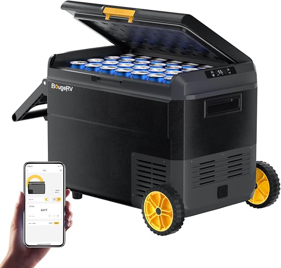 BougeRV 12 Volt Car Refrigerator, CRS 53 Quart Portable Fridge Freezer with APP Control,4F to 68F Compressor Electric Cooler with Wheels 12/24V DC 110~240 Volt AC for Truck Van RV Camping Road Trip