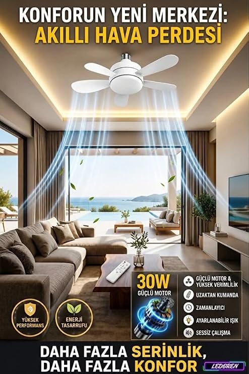 AuraFlow™ 30W Tavan Tipi Fan | Uzaktan Kumandalı Sessiz LED Aydınlatmalı Tavan Vantilatörü | 5 Kanat Premium Seri