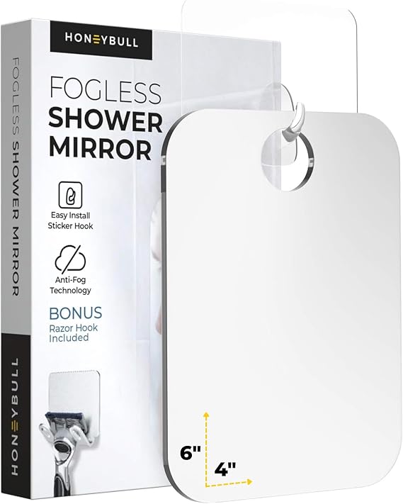 HONEYBULL Fogless Shower Mirror for Shaving, No Drill Mount, Compact, 4x6in