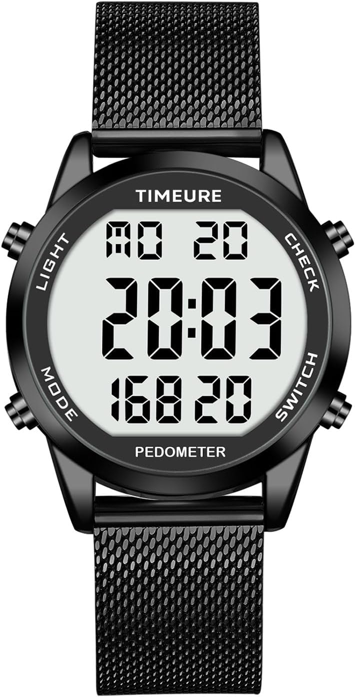 Men's Pedometer Watch with Stainless Steel Bracelet,Step Counter Watch No App, No Charging Needed for Ourdoor Walking, Calorie, Distance, Alarm, Countdown Timer Watch TU-2306B TIMEURE