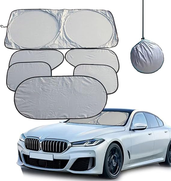 6Pcs Car and SUV Front Windshield Foldable Sunshade, Sunscreen Mat, Silver Cloth (6Pcs All Window)