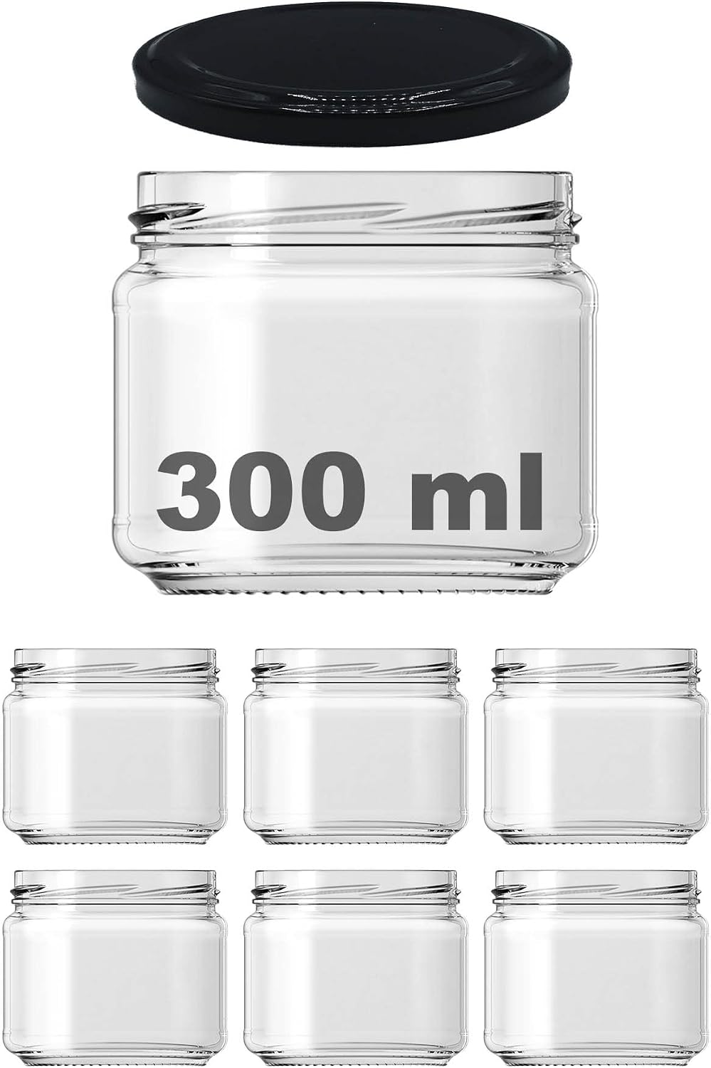 Afracam 10-1000 ml Different Sizes Jar Between 10-1000 cc Canned Glass Jar with Metal Lid 6 Pieces Transparent, 300 cc