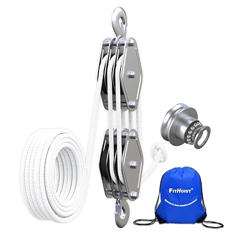 Block and Tackle 1100 lbs, 2200 LBS Breaking Strength Heavy Duty Pulley, 50 Ft 3/8" Rope Pulley, 5:1 Lifting Power Pulley System, Pulley Hoist for Animal Husbandry, Warehouses, Constructions