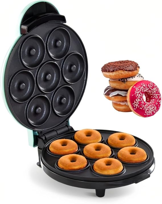 Donut Maker, Electric Non-Stick Surface Makes 7 Small Doughnuts Mini Donut Maker Machine, Mini Doughnut Maker Pancake Maker for Breakfast, Snacks, Desserts & More, Azure