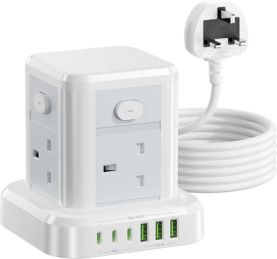Cube Extension Lead with USB Slots, 4 Way Multi Plug Extension Socket with 3 USB C 3 USB A(13A/3250W) Tower Power Strip with 4 Independent Switches 3M Extension Cords for Desk Home Office Travel