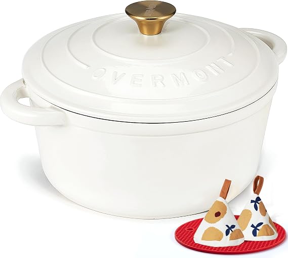 Overmont Enameled Cast Iron Dutch Oven - 5.5QT Pot with Lid Cookbook & Cotton Potholders - Heavy-Duty Cookware for Braising, Stews, Roasting, Sourdough Baking Pearl White