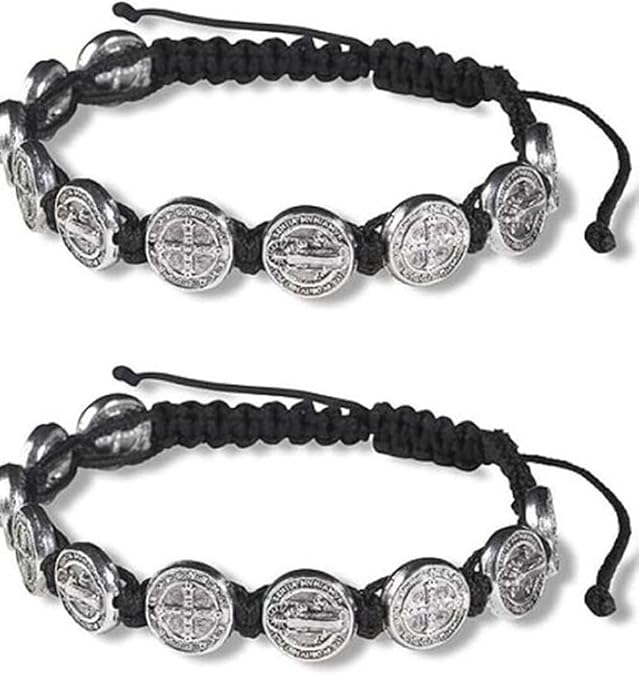 Silver Tone Saint Benedict Medal on Adjustable Black Cord Wrist Bracelet, 8 Inch, Pack of 2