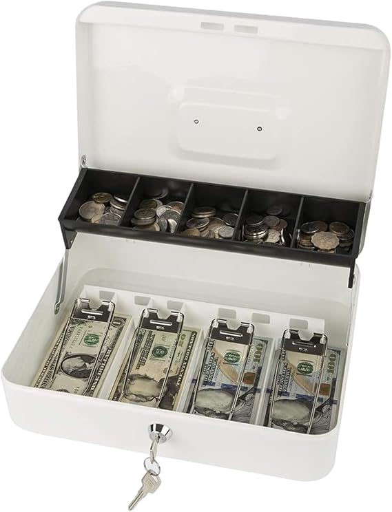 Cash Storage Box with Lock 2 Keys Metal Money Box with Cash Tray Large Capacity Multi-compartments Lock Safe Box White
