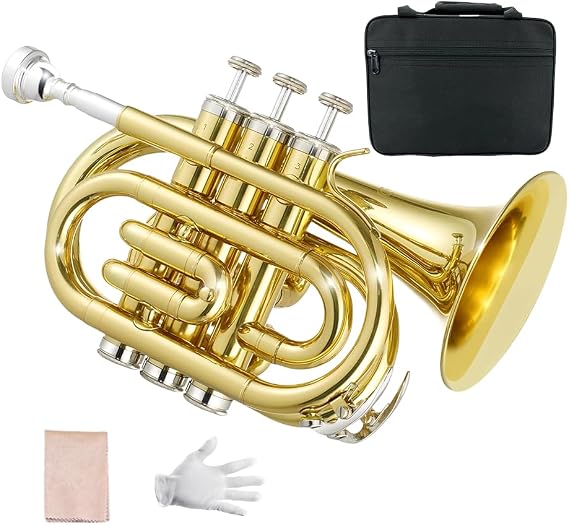 Vetimobato B Flat Pocket Trumpet, Gold Lacquer Brass Body with Hard Case & Accessories, Compact & Portable Travel Trumpet for Students, Beginners & Professional Players (Gold)