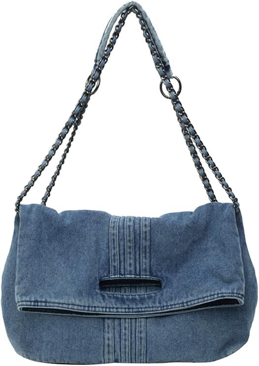 Farcauo Denim Purse for Women Trendy Jean Purses Large Denim Tote Bag Fashion Crossbody Bags with chain