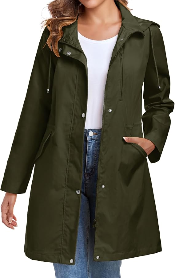 Rain Jacket for Women Long Raincoat with Hood Lightweight Windbreaker Waterproof Outdoor Trench Coat