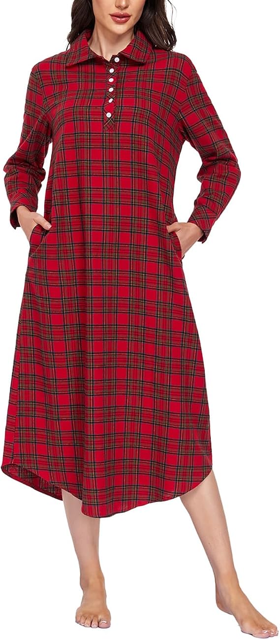 Long Flannel Nightgown for Women Long Sleeve Cotton Flannel Nightgowns with Pockets Winter Plaid Midi Night Gowns
