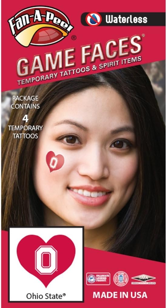 Ohio Waterless Peel & Stick Temporary Spirit Tattoos 4-Piece White O Logo on Scarlet Heart