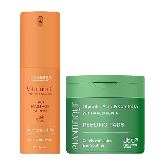 PLANTIFIQUE Korean Glycolic Acid Pads with CICA 60 Pcs and Korean Vitamin C Face Massage Serum