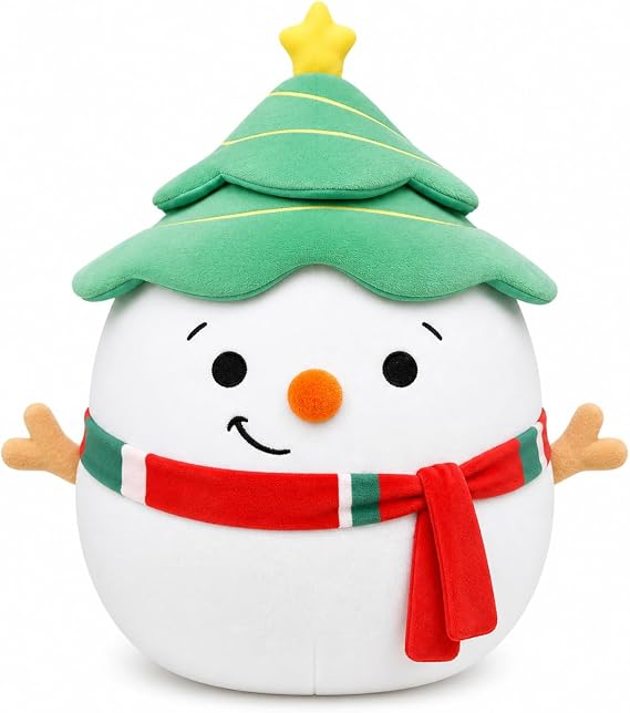 Snowman Noel Plush Toy with Tree Hat and Scarf, 11" Holiday Hug Pillow