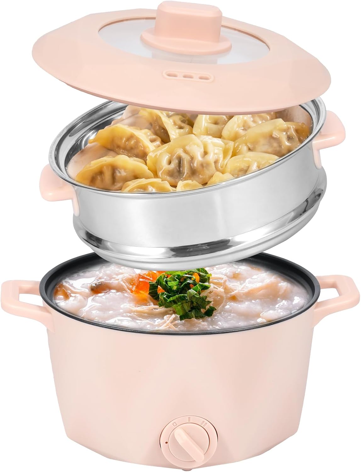 Electric Hot Pot with Stainless Steel Steamer, 2L Portable Non-Stick Mini Multifunctional Cooker, 2 Gear Rapid Noodles Cooker, Travel Electric Skillet for Stir Fry Raman Soup Noodles Steakpink
