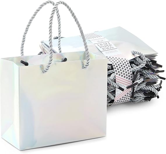 Sparkle and Bash Mini Reusable Gift Bags - Metallic Silver Paper, 6 x 5 x 2.5 In, Pack of 24 with Rope Handles - Goodie & Favor Bags for Small Presents
