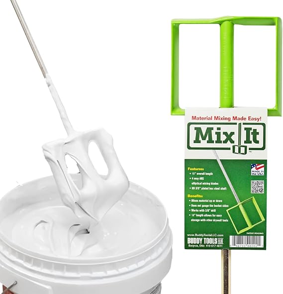 Buddy Tools Mix It, 18" Length Mud Mixer | Durable ABS Paddle Efficient Paint Mixer for Drill Easy-to-Use & Rust-Resistant Mixing Paddle for Mud, Paint, and More