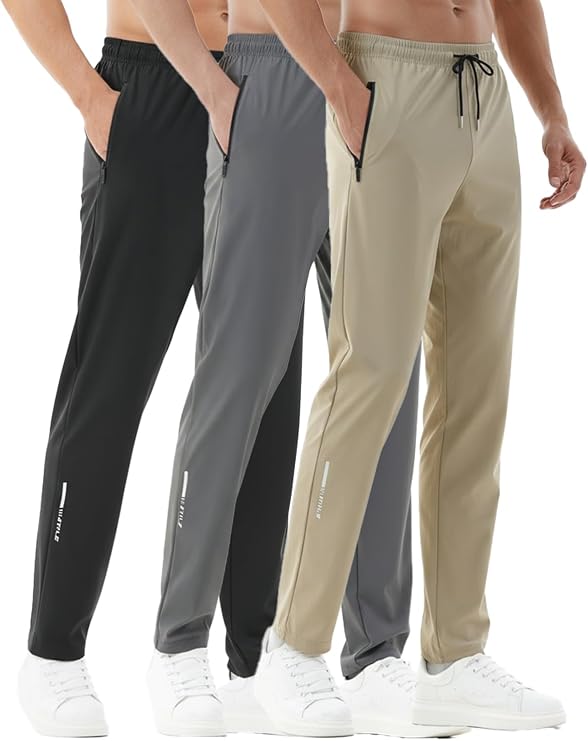 3 Pack Men Sweatpants with Zipper Pockets Stretch Lightweight Athletic Track Pants for Joggers Running Workout Gym