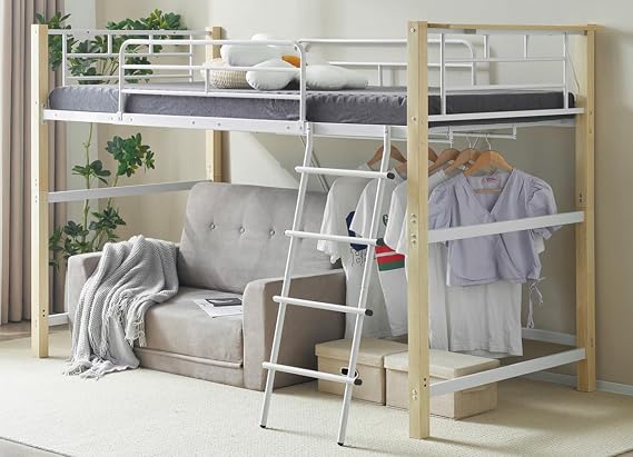 Medium Loft Bed with Outlet for Adults Pipe Bed with Ladder Single Bed Frame Heavy Duty Steel Living Alone loft Bed Height 140cm White