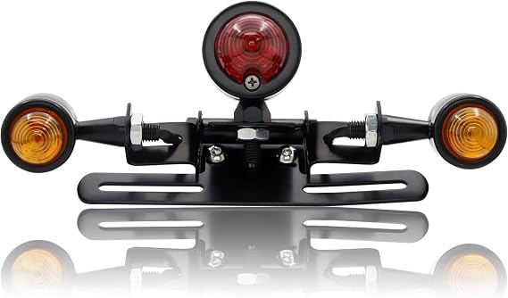 Motorcycle Tail Light, Integrated Brake Turn Signal Running lamp, Universal License Plate Lights, Metal Bullet Shape 12V Rear Tail Light, Red and Amber 1Pcs (Black)