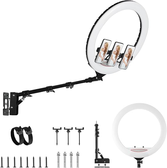 SITTO 22 inch Ring Light with Remote Control, 43 inch Wall Mounted Boom Arm | Ring Light Wall Mount for Live Streaming, Beauty Salon, Barber Light, Tattoo Light, Photography Lighting Studio