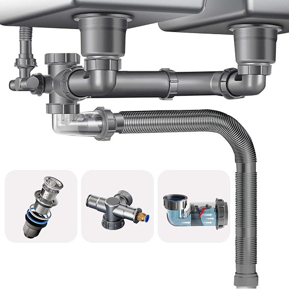 QpuanTu Double Sink Drain Kit - Multi Function P Trap, Adjustable Universal Kitchen Drain - Gray
