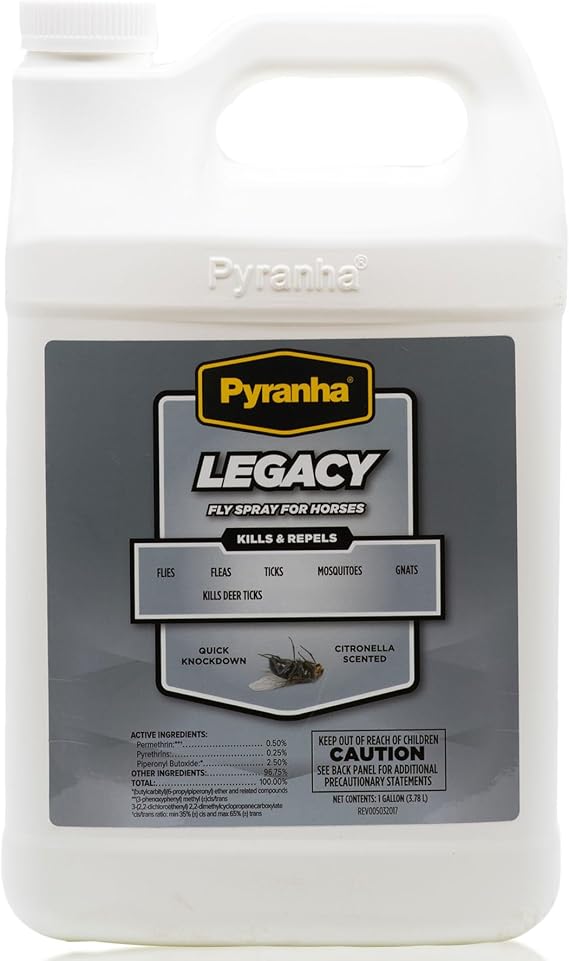 PYRANHA Legacy Fly Spray for Horses - Water-Based Long Lasting Fly Control Repels Horn, Deer, Horse, House, Stable, Face Flies, Ticks, Mites, Mosquitoes, Gnats & Lice, 1 Gallon
