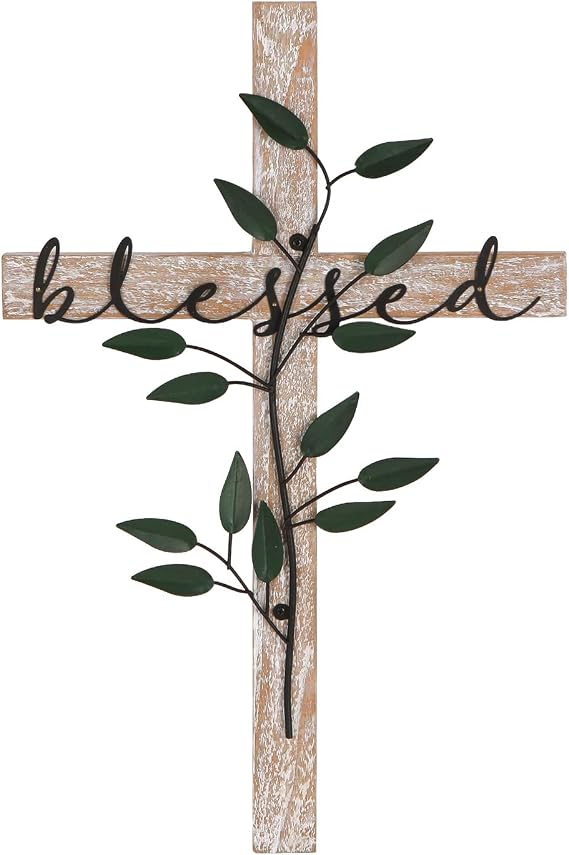 NIKKY HOME Wall Cross, Rustic Wooden Cross With Metal Leaves