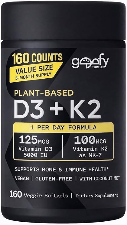 Sports Vitamin D3 K2 with 5000iu of Plant-Based D3 & 100mcg of Vitamin K2 as MK-7, Non-GMO Verified & Vegan Certified - 160 Liquid Softgels