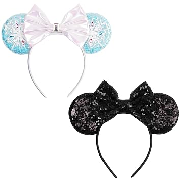 bianbaistar Mouse Ear Headbands Bundle:Bianbaistar Ice Snow Mouse Ears Headband&Classic Black Sequin Mouse Ears Headband