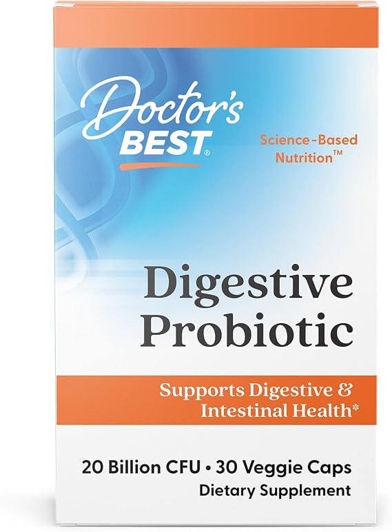 Doctor's Best Digestive Probiotic Capsules for Women & Men - Probiotics Supplement for Digestive Health, Supports Gut Health & Balanced Flora, 20 Billion CFU, Daily Nutrition Support - 30 Veg Caps