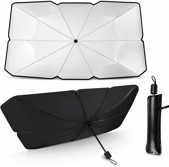 Araba Ön Cam Güneşliği Şemsiye (140x80 cm) - Deri Kılıflı Katlanabilir Oto Güneşlik, Isı ve UV Engelleyici Titanyum Gümüş Kaplama