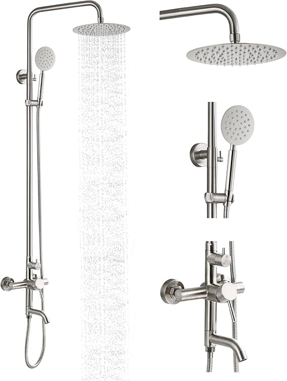 gotonovo Stainless Steel SUS304 Silver Shower faucet Set Wall Mount Triple Function Shower System 8 inches Shower Head Bathroom Adjustable Hand Spray Rainfall Brushed Nickel Shower Faucet Complete Set