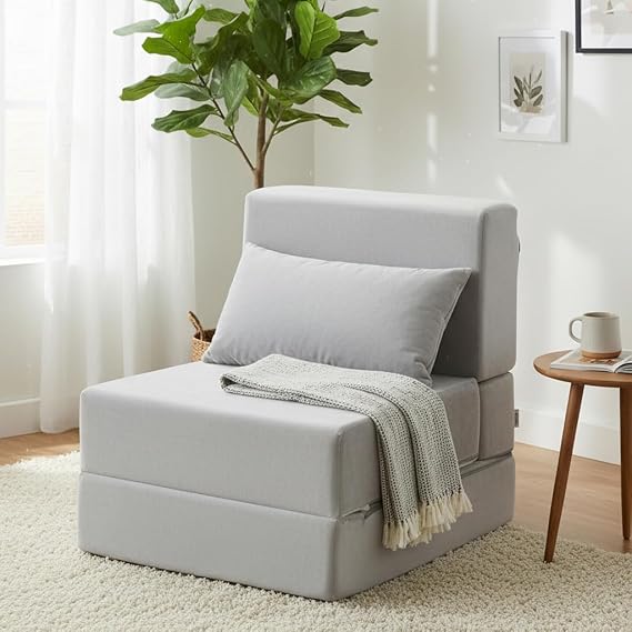 Folding Sofa Bed, Convertible Sleeper Chair, No Assembly (Grey) | Boneless Sofa Couch, Foldable Mattress & Back Support, Portable Floor Lounger Futon for Small Apartment, Dorm, Guest Room