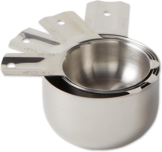 RSVP International Endurance Stainless Steel Measuring Cups, Set of 4 | 1/4 Cup to 1 Cup Measurements | Nest for Easy Storage | Dishwasher Safe | Dry or Liquid | Baking or Cooking