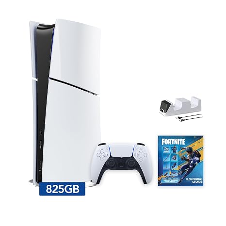 PlayStation 5 Slim Digital Edition Fortnite Flowering Chaos Bundle and Mytrix Controller Charger - White, Slim PS5 825GB PCIe SSD Gaming Console