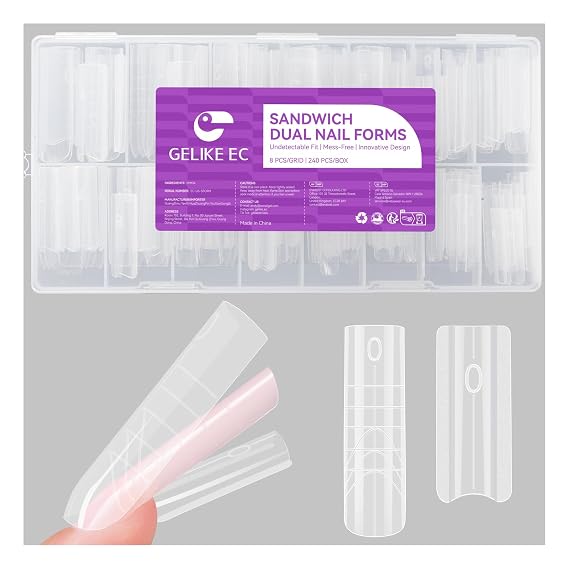 Salon-Perfect Sandwich Nail Forms at Home: Gelike EC Sandwich Dual Forms for Builder Gel - 2025 Nail Extension Mold No Gel Stacking - 240Pcs 15 Sizes for DIY Extensions Art Square