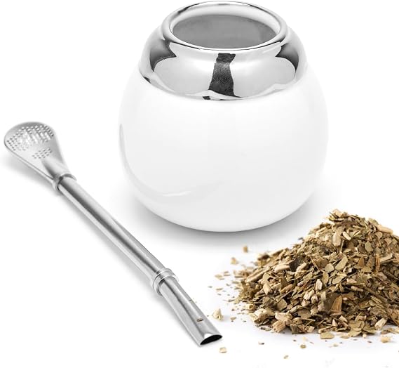 BALIBETOV Ceramic Yerba Mate Cup and Bombilla Set (Original Traditional Mate Cup - 6.7 Ounces) | Includes 1 Bombilla (Yerba Mate Straws to Use) | Ceramic Easy to Clean (White)