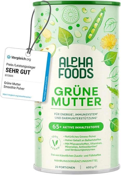 Grüne Mutter 2.0 - The Original - Greens Shake - Acacia Fibre Powder Wheatgrass Nettle Milk Thistle Alfalfa Chlorella and More - Smoothie Shake - 600 g Powder Alpha Foods