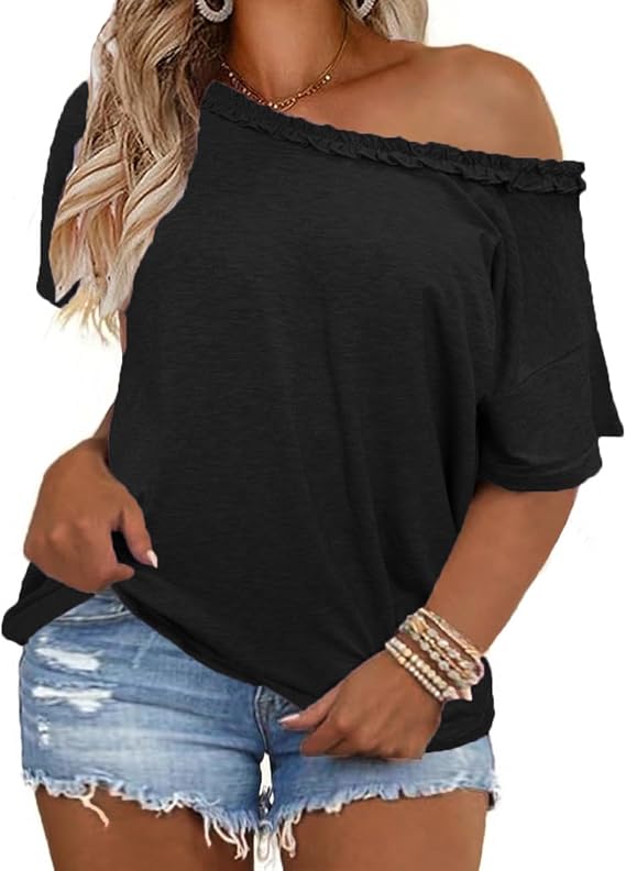 Womens Plus-Size T-Shirt Short Sleeve Summer Tops One-Shoulder Loose Shirts (1X-5X)
