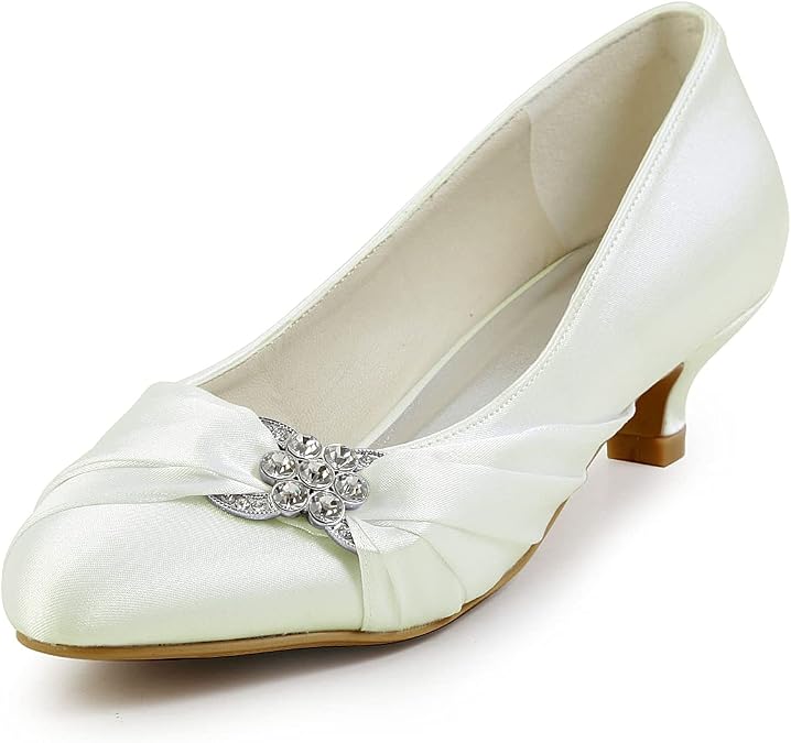 JIAJIA 0112A Women's Bridal Shoes Closed Toe Low Heel Comfort Satin Pumps Crystal Wedding Shoes