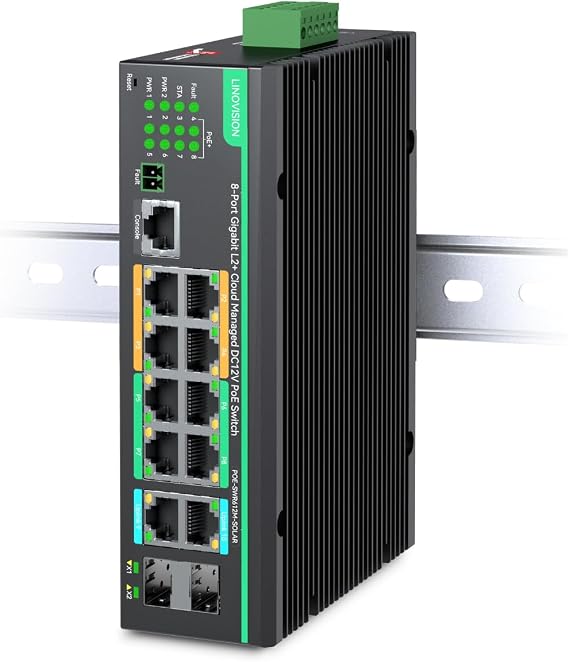 LINOVISION Industrial 12 Ports L2+ Cloud Managed Solar PoE Switch | Gigabit 12V PoE Switch, DC8~57V Redundant Power Input , 4 x 45W High PoE Ports, Total PoE Budget 240W, NDAA Compliant