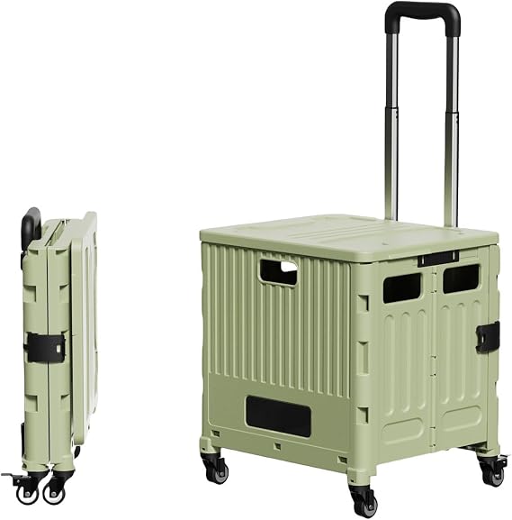 Outdoor Camping Picnic Cart,Boot Cart, Collapsible Trolley Box Cart,With Stair Climbing Wheels and Telescopic Handles,For Groceries, Laundry, Picnics, Camping, Garden, Fishing green,Wanxiang