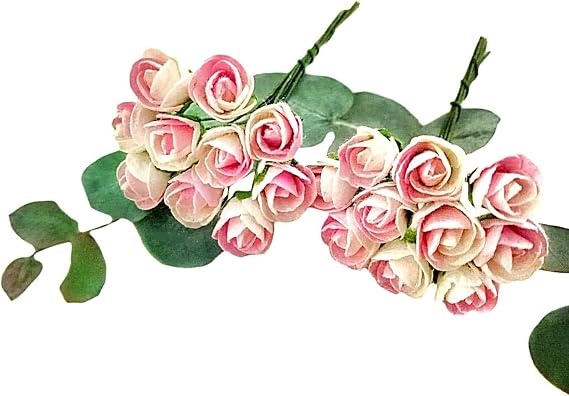 Mini Rose Flower, Artificial Mulberry Paper Tiny Roses Flowers for Wedding Card Embellishment Scrapbook DIY Bouquet Crafts. (Two Tone Pink & White)
