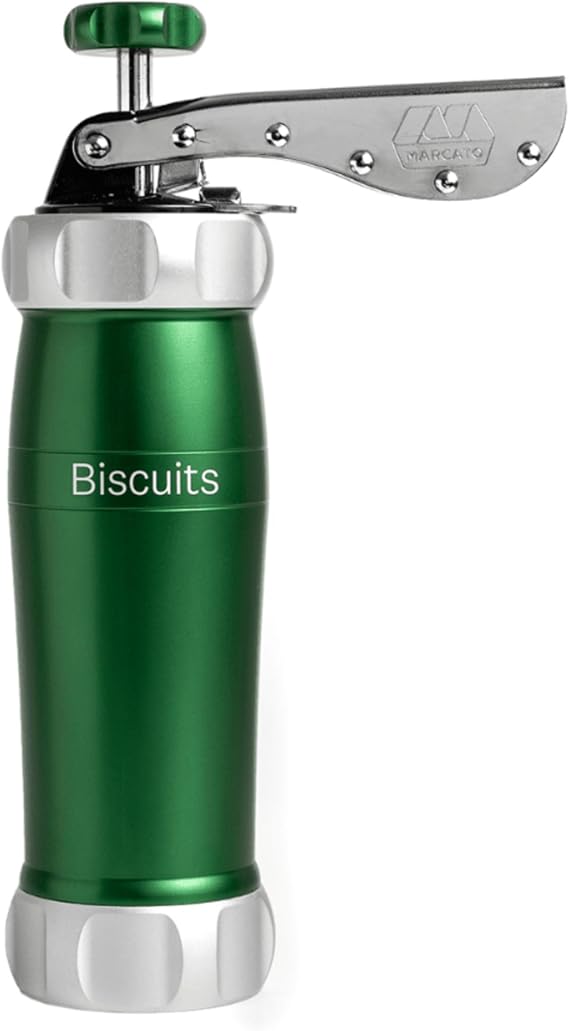 Marcato Biscuit Cookie Press Design Line, Green. MADE IN ITALY, 20 Shapes, 2 Cookie Sizes, Anodized Aluminum, Easy to Use & Clean, Fast Homemade Cookie Maker